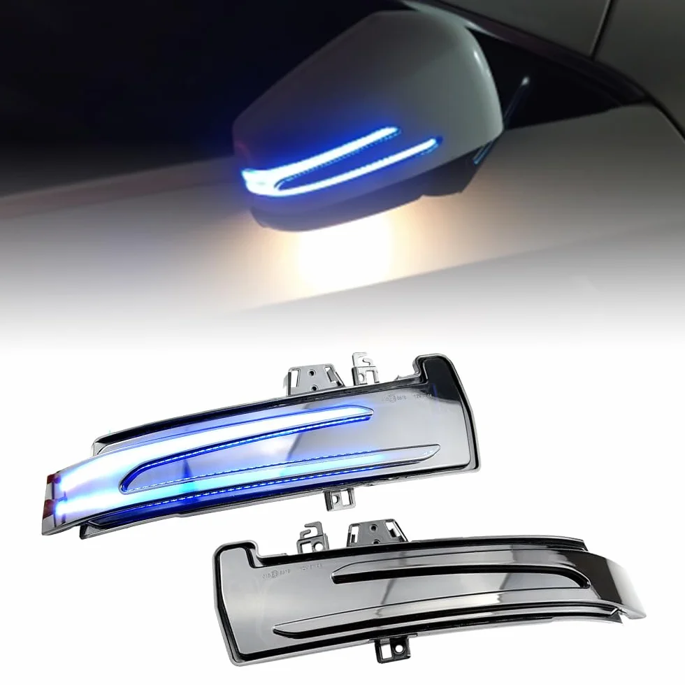 2 szt. dynamiczna sekwencyjna blokada kompatybilna z Be-nz W204 CLA A A B C E S GLA GLK CLS klasa W176 W212 LED lusterko boczne, oświetlenie kierunkowskazu montaż – niebieski + żółty