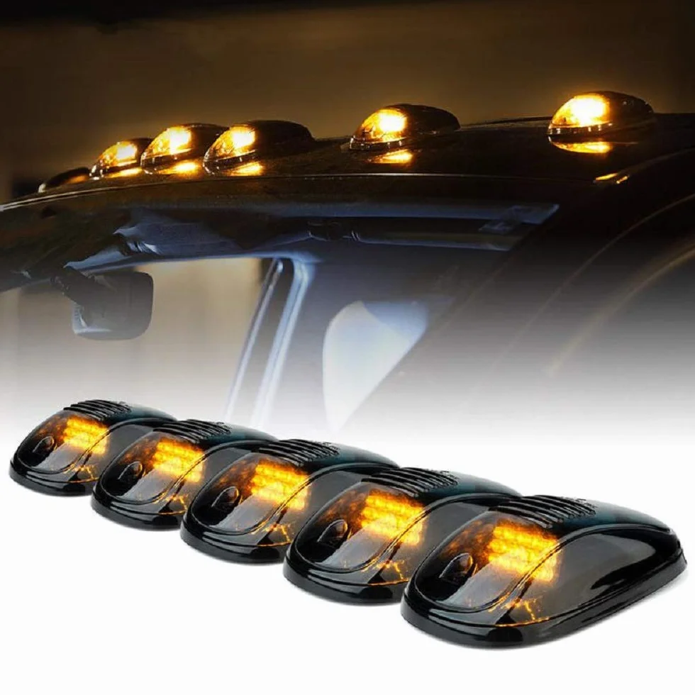 SUNWAN Światło obrysowe kabiny, górne światła do mocowania na dachu, 5 szt. po 12 diod LED, wodoodporna lampa ostrzegawcza do samochodów ciężarowych, bursztynowe światło, przydymiona czarna osłona